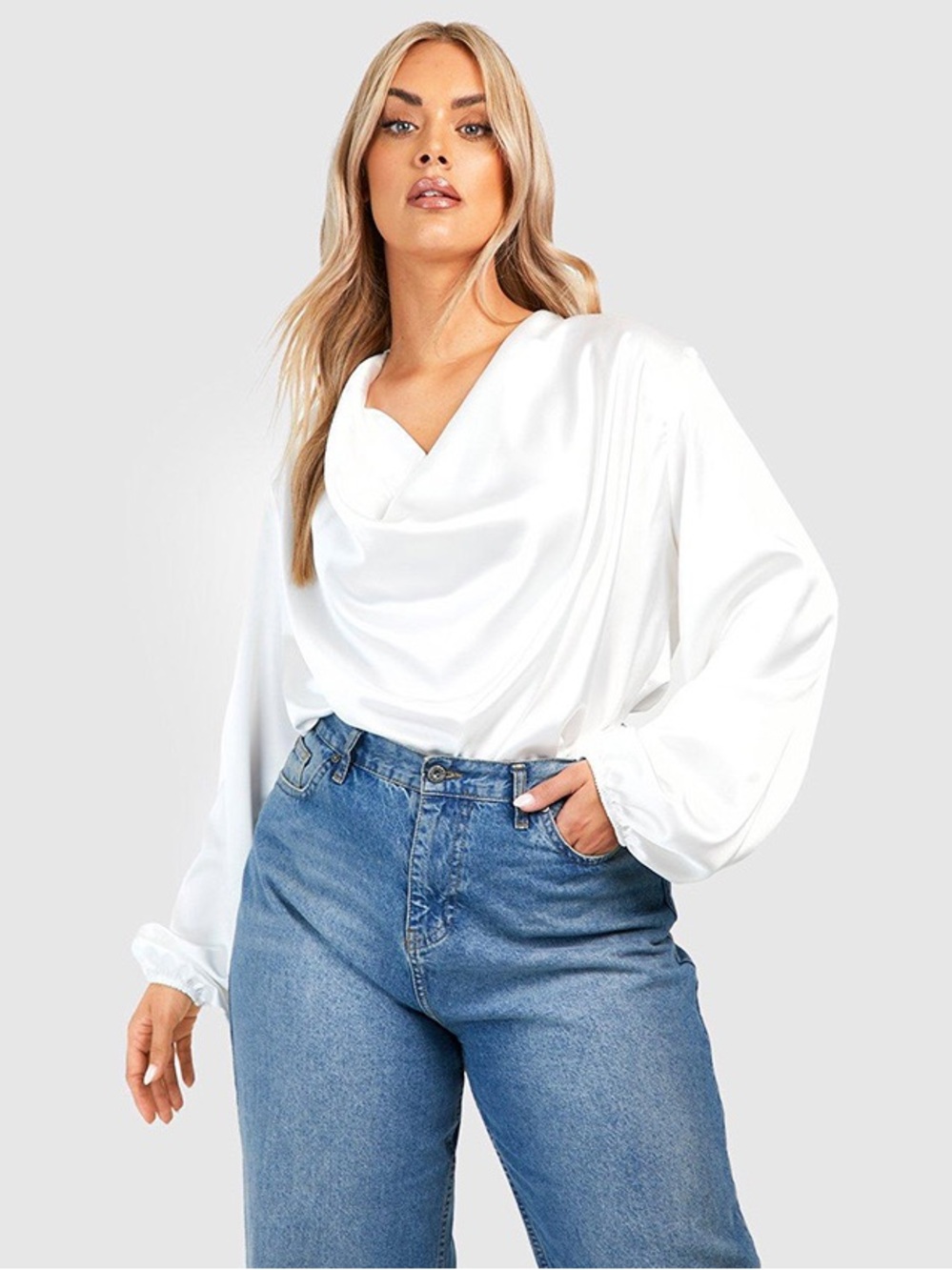 NWT Plus Satin Cowl Long Sleeves Top
